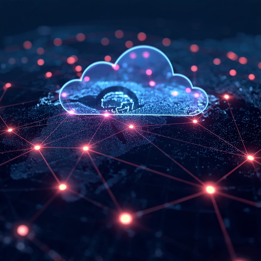 A conceptual representation of global cloud computing network, interconnected nodes and glowing data streams across a stylized world map
